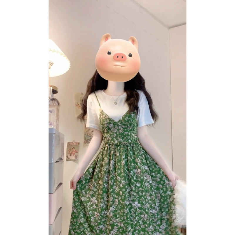 大码【夏日花语】夏季新款胖MM时尚设计感假两件碎花修身显瘦连衣裙