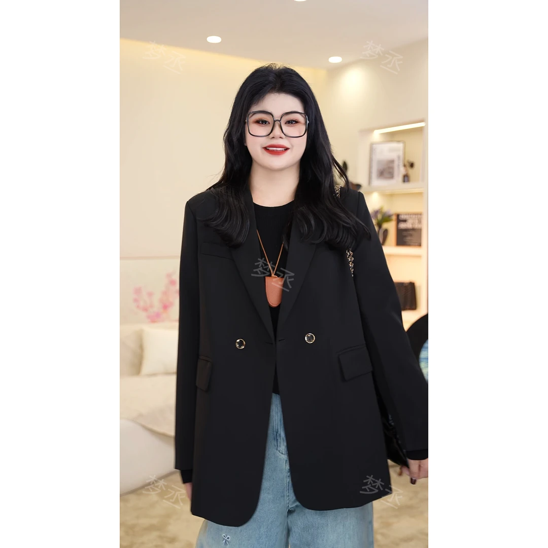 梦丞-通勤风胖mm西装领中长款大码西装纯色显瘦百搭遮肉西装上衣