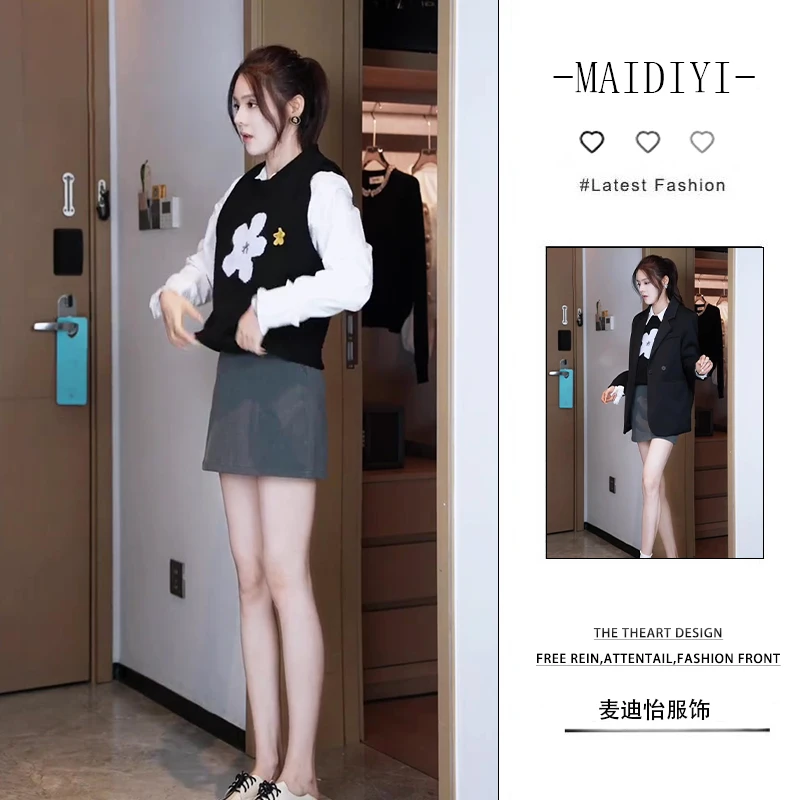 【新款】2025早秋气质印花背心显瘦衬衫成熟百搭外套女时尚短裙套装