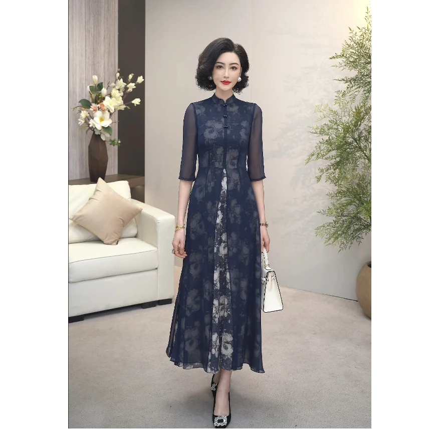 2025夏季（藏蓝为韵，花开暗香）高奢弹力织金墨染花开连衣裙WF3210