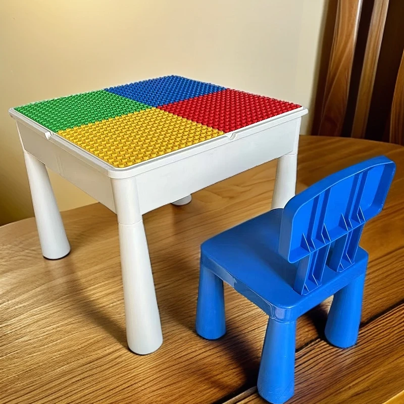 多功能积木桌子带椅子大颗粒底板桌玩具带一个红或蓝椅子不带积木