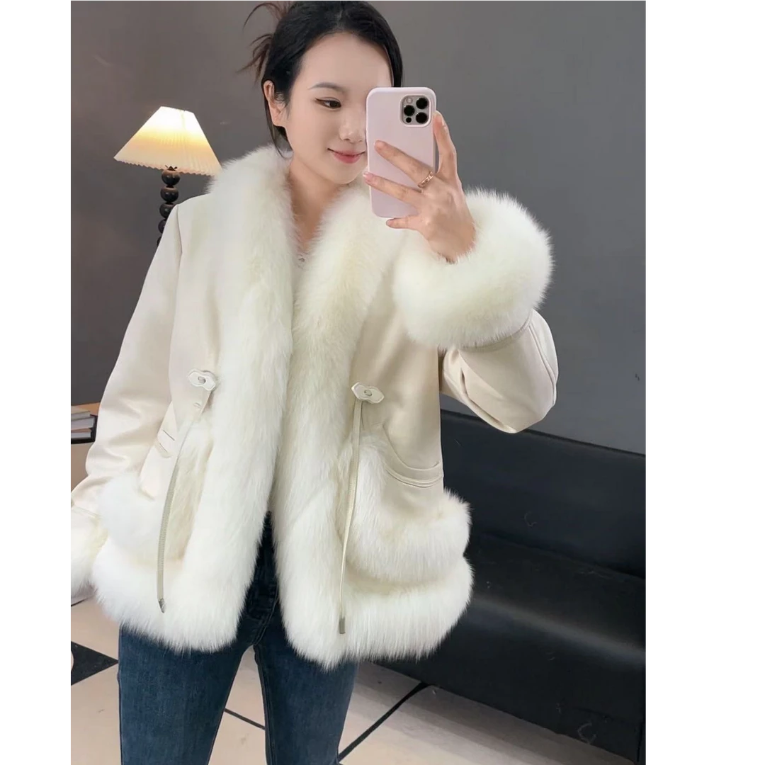 【笑燃儿】气质甜妹麂皮绒进口狐狸毛白鹅绒皮草外套