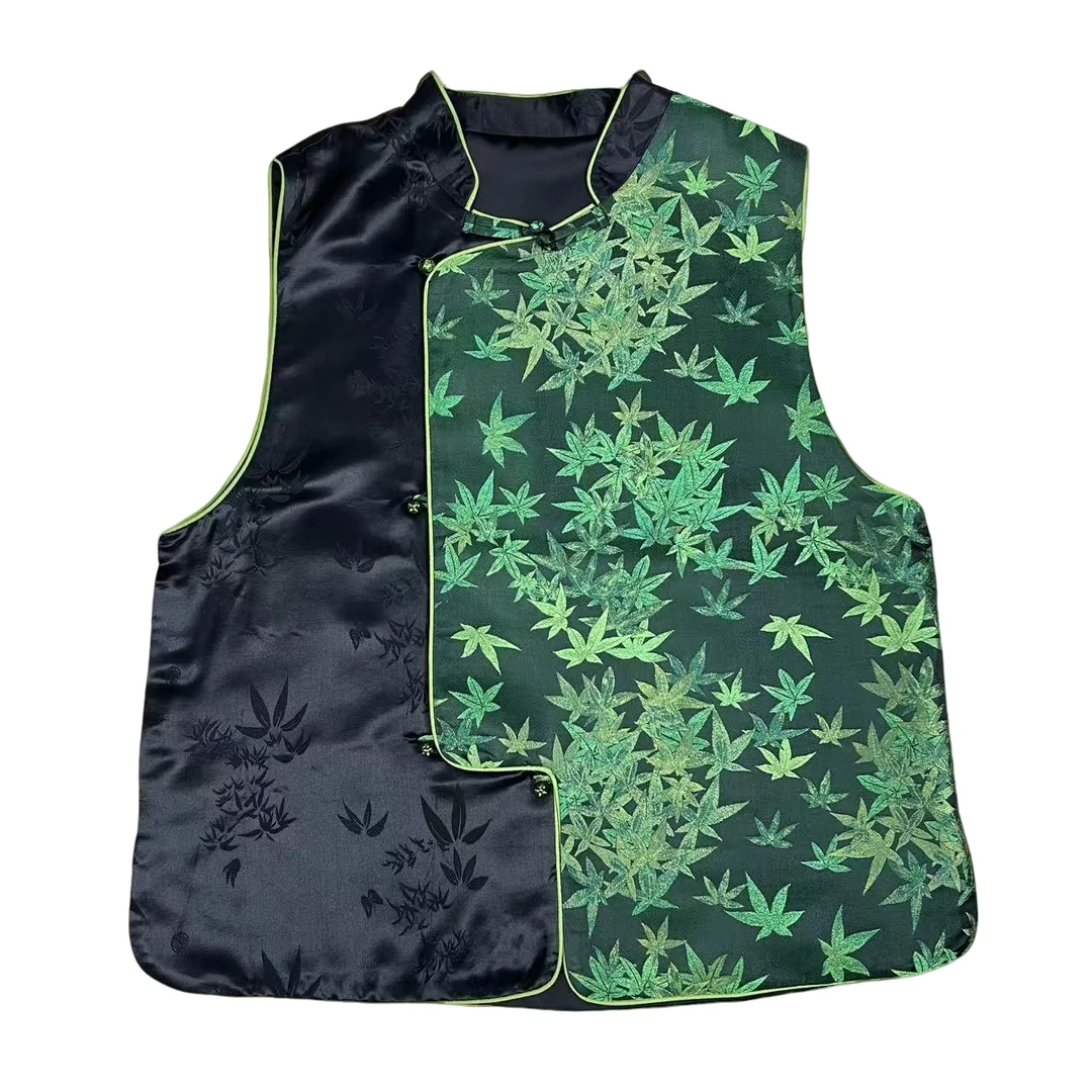 枫叶花重缎拼接蜀锦马甲 胸围108 衣长63