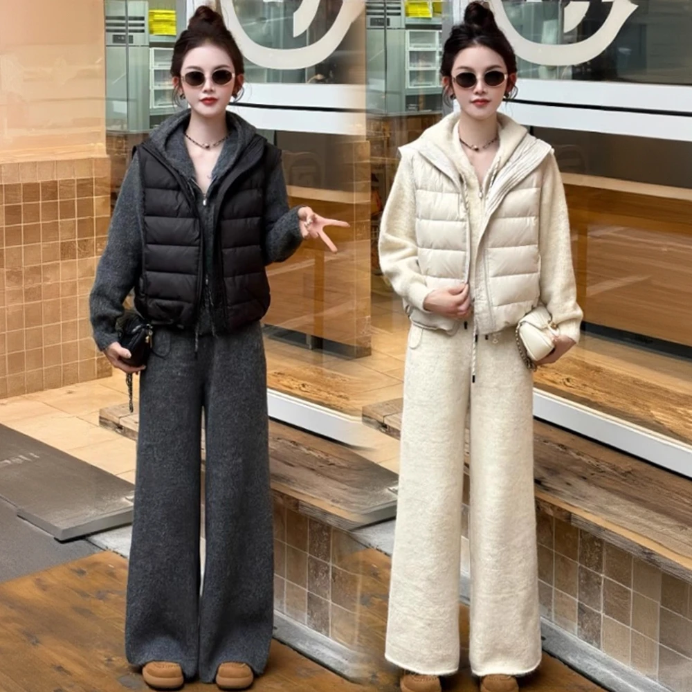 时尚套装女2025秋冬新款洋气显瘦马甲连帽开衫阔腿裤休闲三件套潮