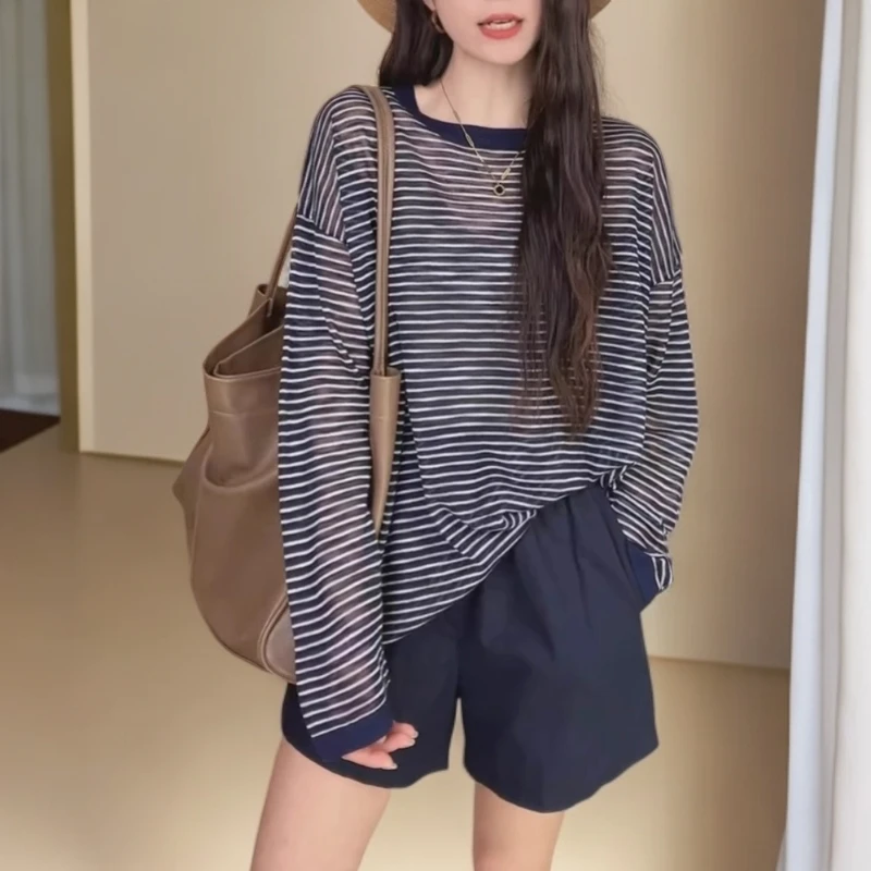 蓝色女早秋薄款宽松罩衫显瘦上衣条纹圆领慵懒风长袖t恤休闲秋季