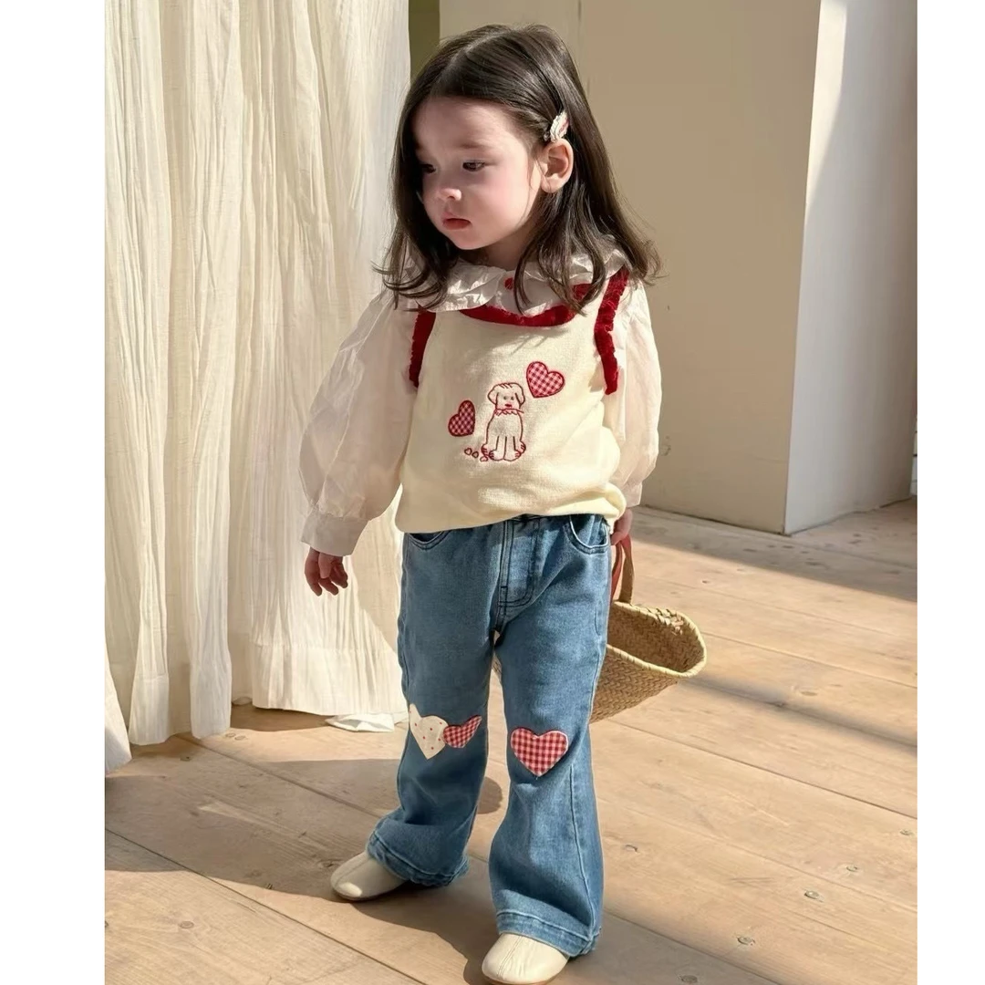 儿童马甲衬衫牛仔裤三件套2025春女童甜美卡通马甲衬衫爱心牛仔裤