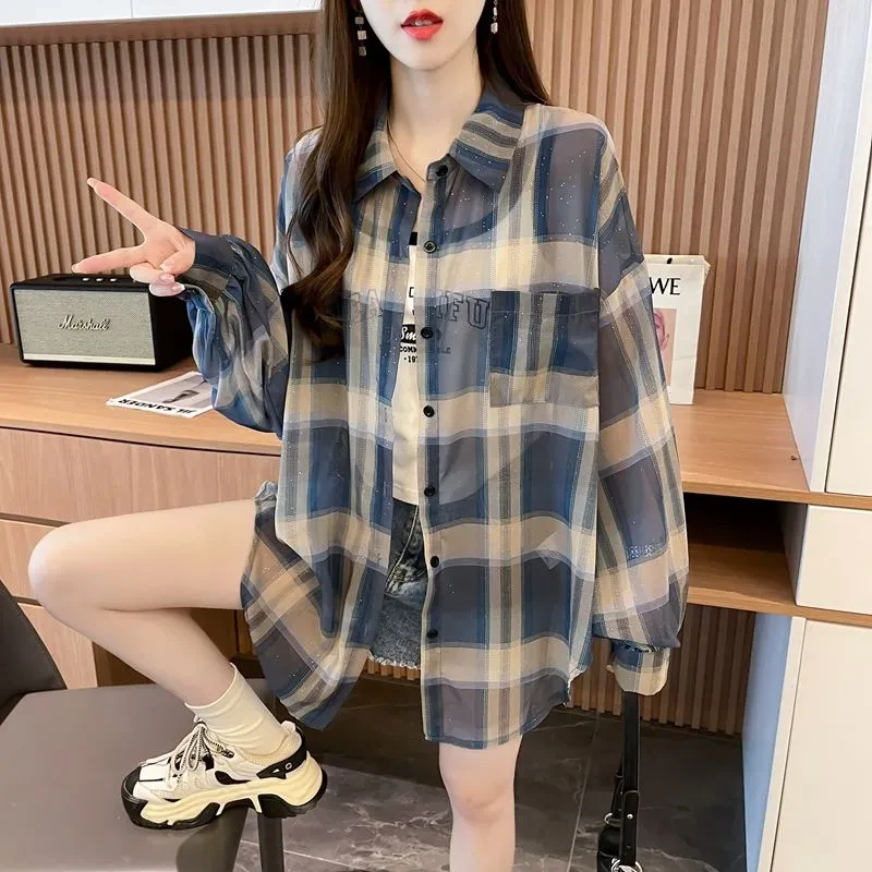 星空格子衬衫女夏2025爆款宽松薄款空调休闲中长款开衫防晒外套潮
