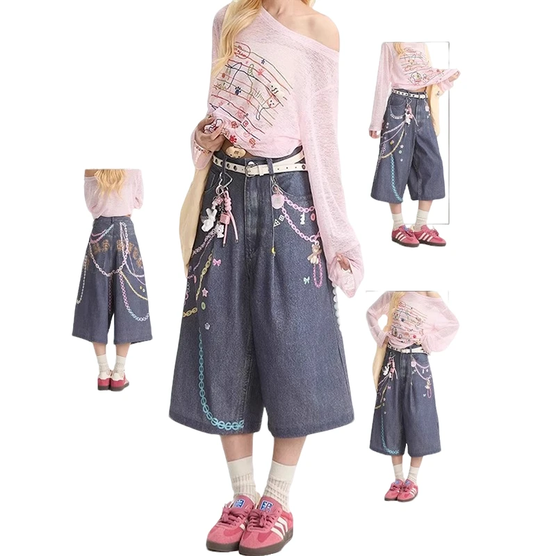 美式复古彩色链条印花牛仔裤男女2025年夏季新款宽松阔腿七分裤子