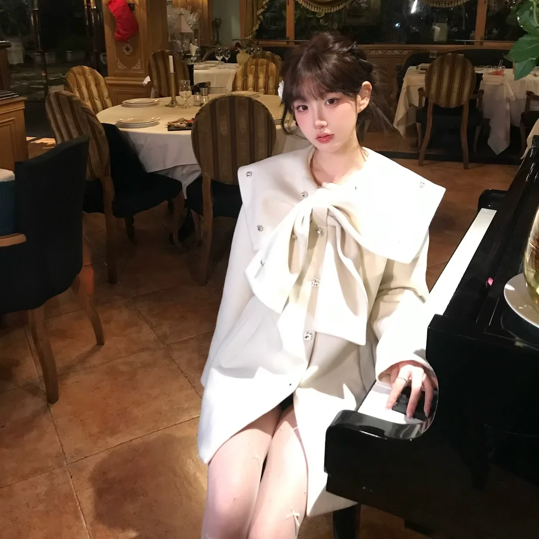 【幸运儿专属】纯白爱恋娃娃领拼皮连衣裙斗篷呢子大衣羽绒棉服