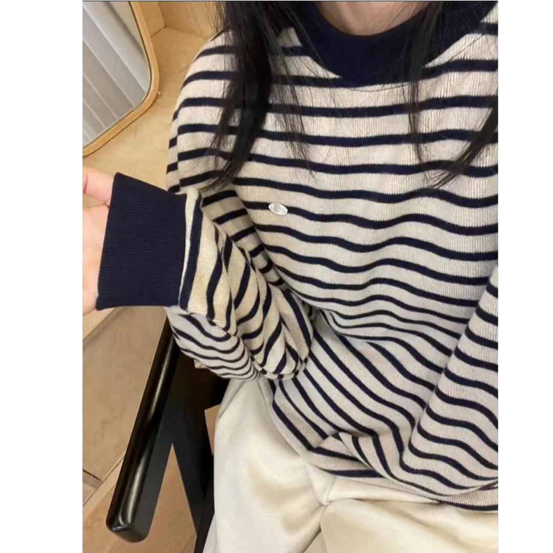 3379条纹圆领毛衣针织衫女新款宽松内搭打底衫上衣复古百搭