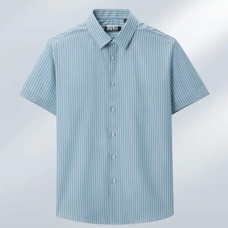 蓝色条纹桑蚕丝男士短袖衬衫男夏季尖领含桑蚕丝无痕休闲衬衣男