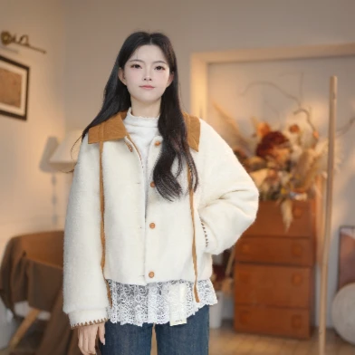 谜秀新品米杏色夹棉外套仿麂皮领秋冬加厚百搭短款气质韩系外套