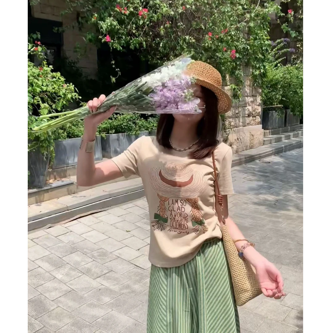 【LIbaibai】夏装2025年新款草帽女孩短袖T恤上衣BB-1882清