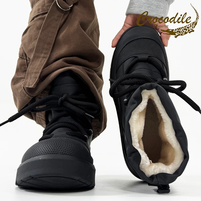 鳄鱼恤冬季中帮马丁靴男加绒加厚工装鞋东北面包棉鞋保暖雪地靴