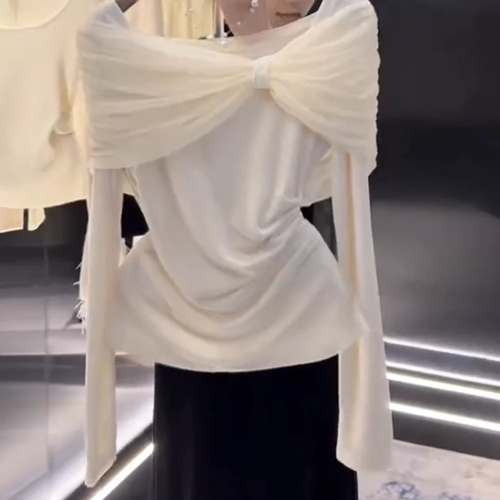 2025春季新款轻奢赫本风纯色长袖T恤纯欲女气质时尚上衣法式显瘦