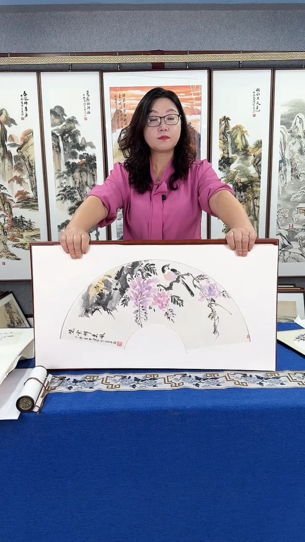 国画精品（花鸟扇面）实木画框 43*78