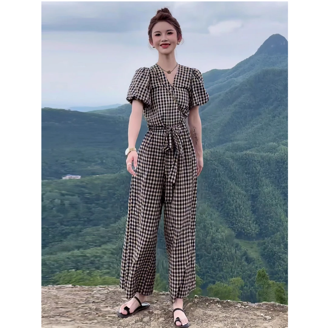 复古格子绑带休闲时尚套装女夏季新款V领短袖上衣+阔腿长裤两件套
