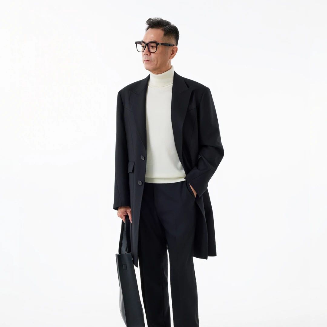 路易诗兰LOUISLONG新款男士时尚休闲柔软舒适简约黑色羊毛大衣