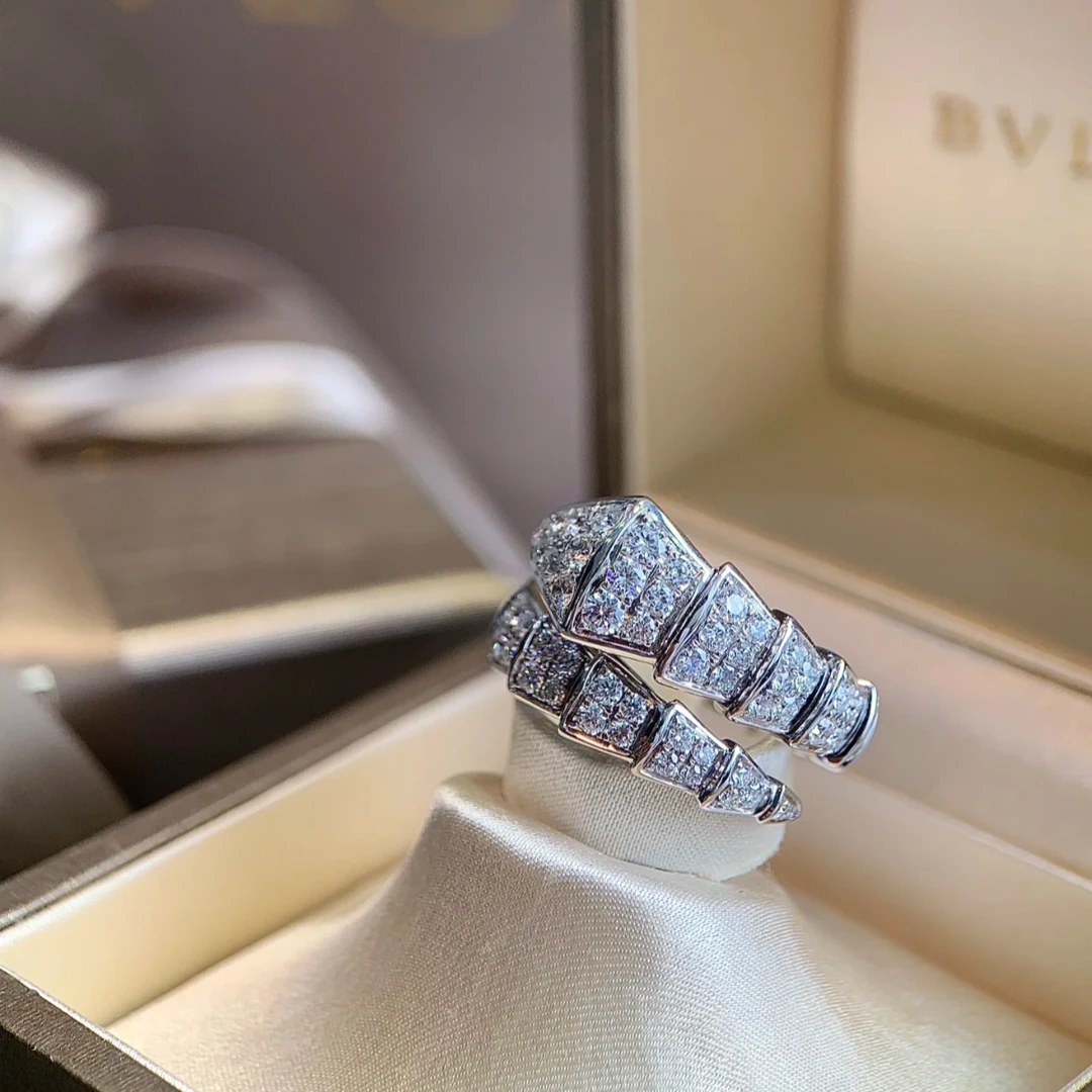 99新 BVLGARI/宝格丽 大头活动 Serpenti 宽版 蛇形满钻 戒指 m