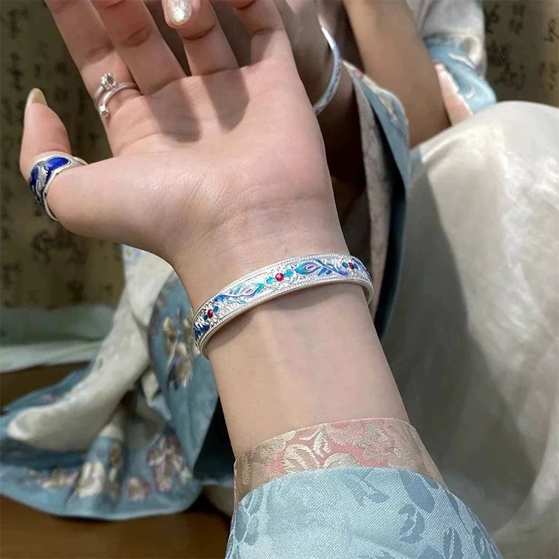 足银手镯 83号链接【珐琅凤翎心经】足银999.9手镯带证书礼盒包装