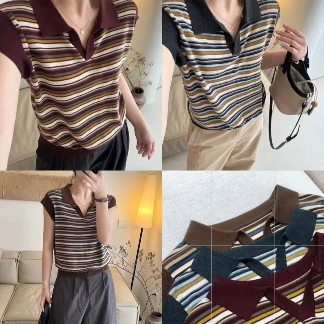 [ W i F i ]925332气质拼色条纹短袖针织衫宽松显瘦翻领套头上衣