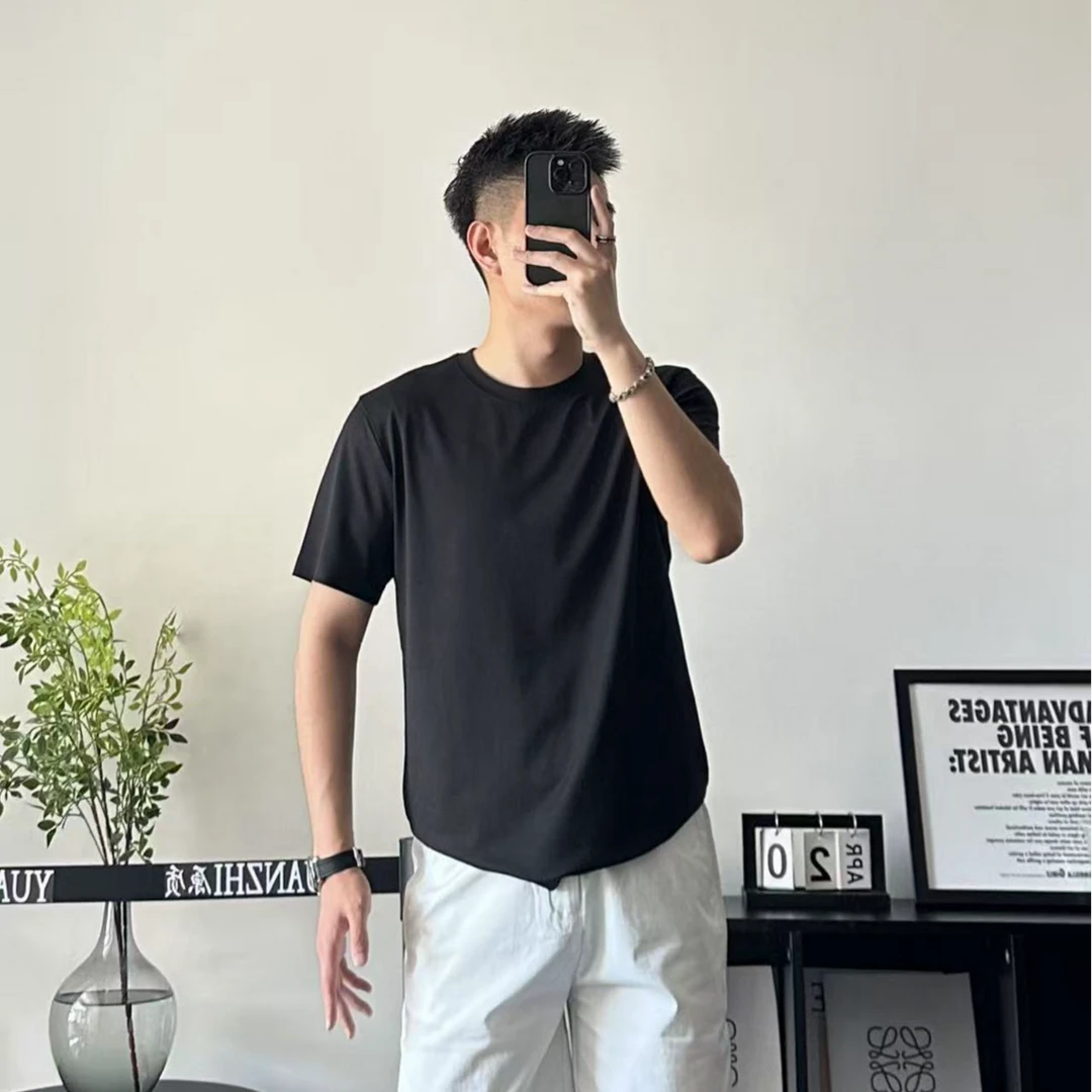 YUANZHI夏季轻薄莱赛尔天丝纯色圆领T恤百搭舒适透气短袖男
