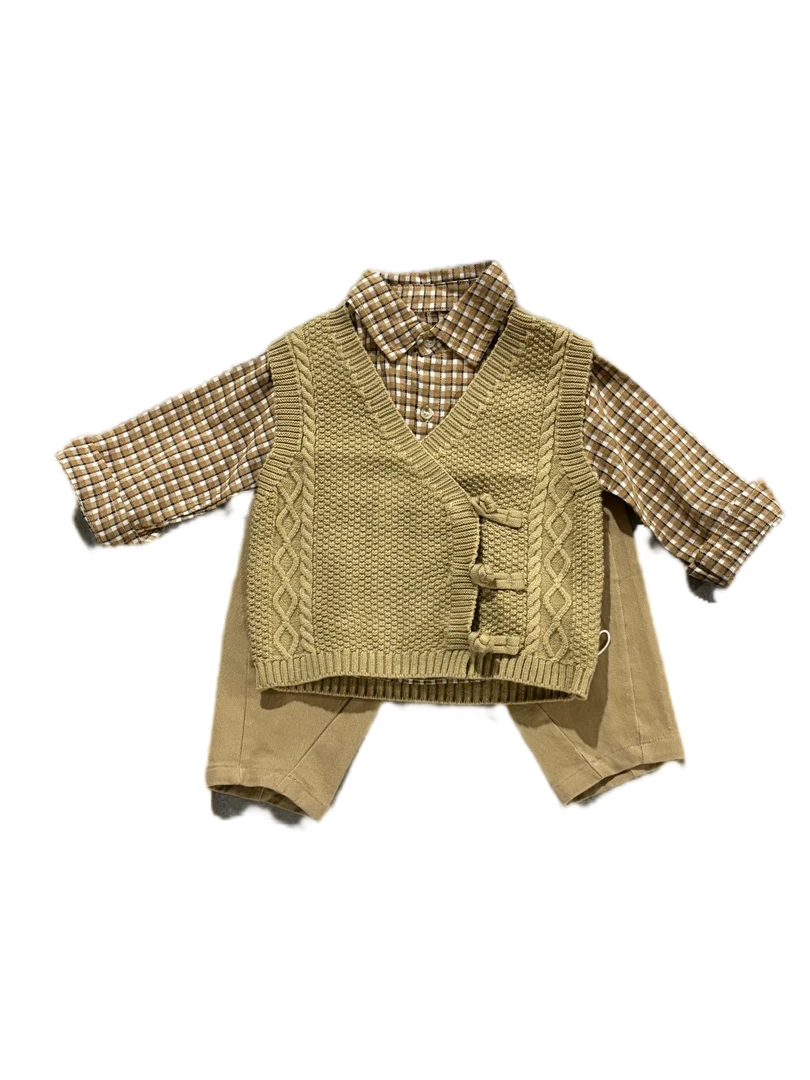 三件套复古褐色衬衫经典儿童春秋长袖休闲百搭儿童纯棉t恤套装