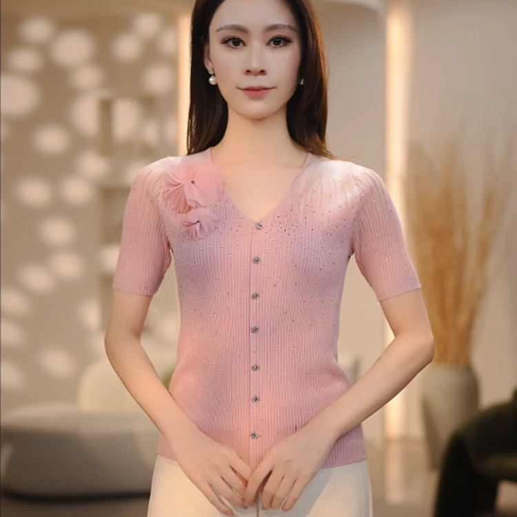 V领2025春夏新款精致女人闪闪钻短袖花朵微透半袖针织开衫