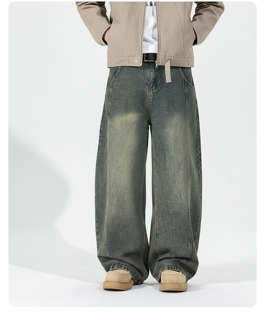 男装∣秋季新款休闲长裤弯刀美式拼接牛仔裤男女潮流宽松垂感阔腿