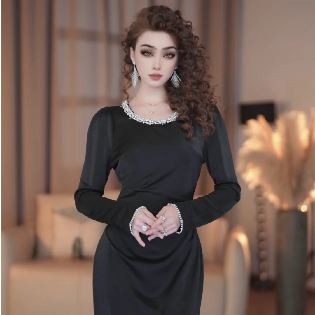 【爱妃】黑耀佳人秋季新款法式气质收腰显瘦鱼尾连衣裙-YL0031