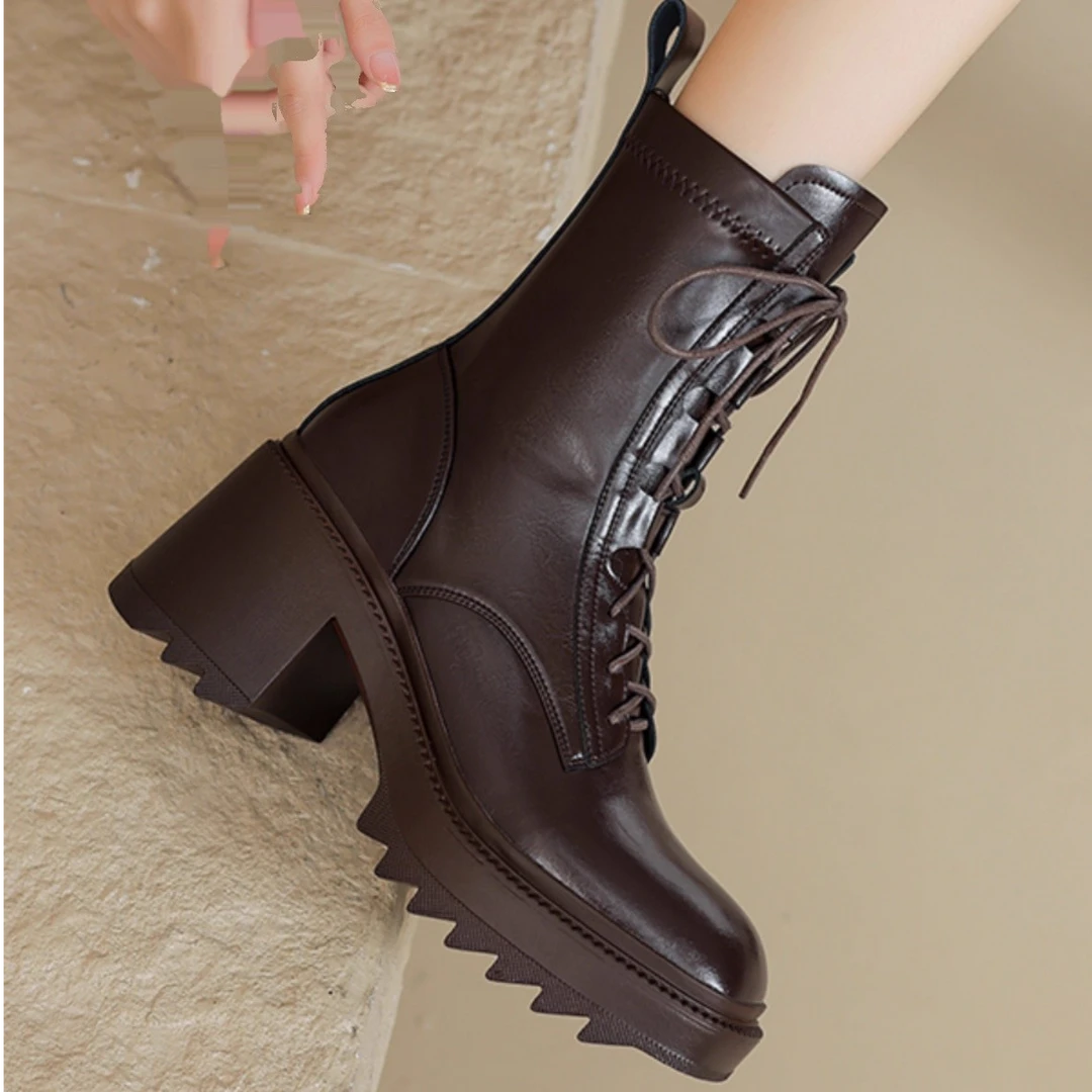 2025秋冬新款英伦风厚底高跟真皮马丁靴女前系带冬季加绒加厚皮靴