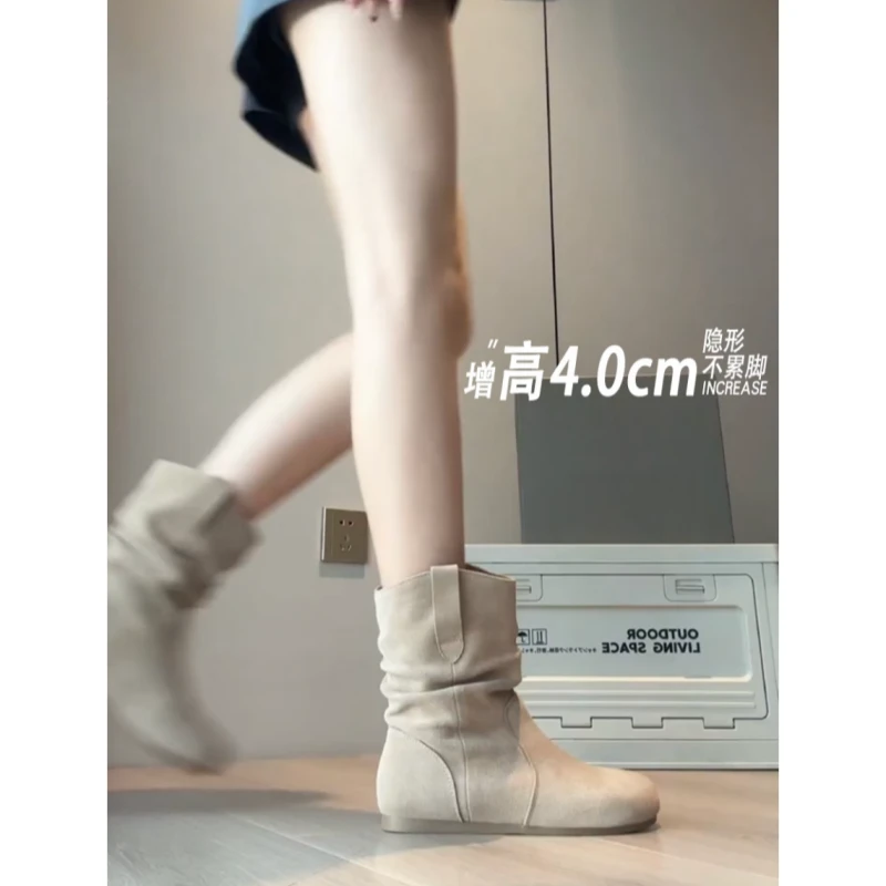 现货发~复古内增高小短靴女西部靴秋冬套筒勃肯堆堆靴显瘦短筒靴