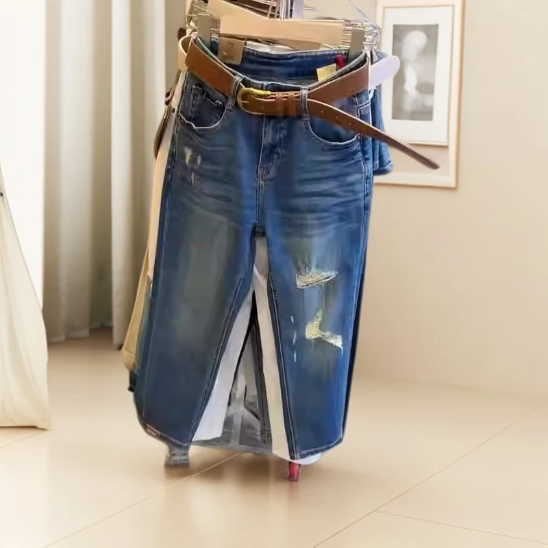 大码女装2025夏季新款胖mm高腰显瘦直筒破洞牛仔裤宽松百搭九分裤