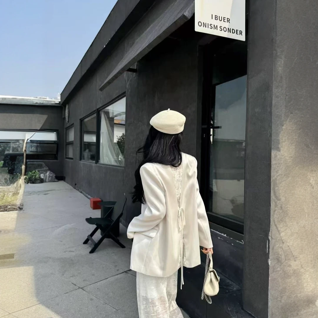 【晨浠定制】新款气质拼蕾丝系带西服外套9988