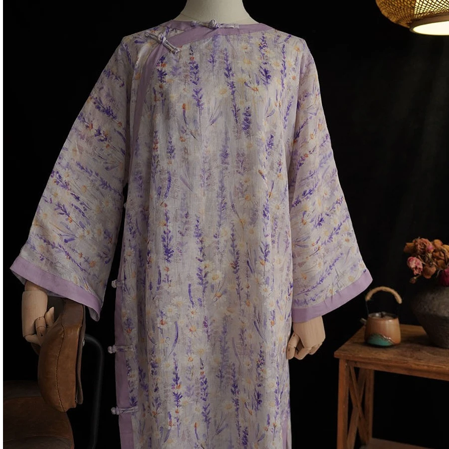 2025新款  文艺复古苎麻印花单层盘扣全侧开中长款旗袍裙247159