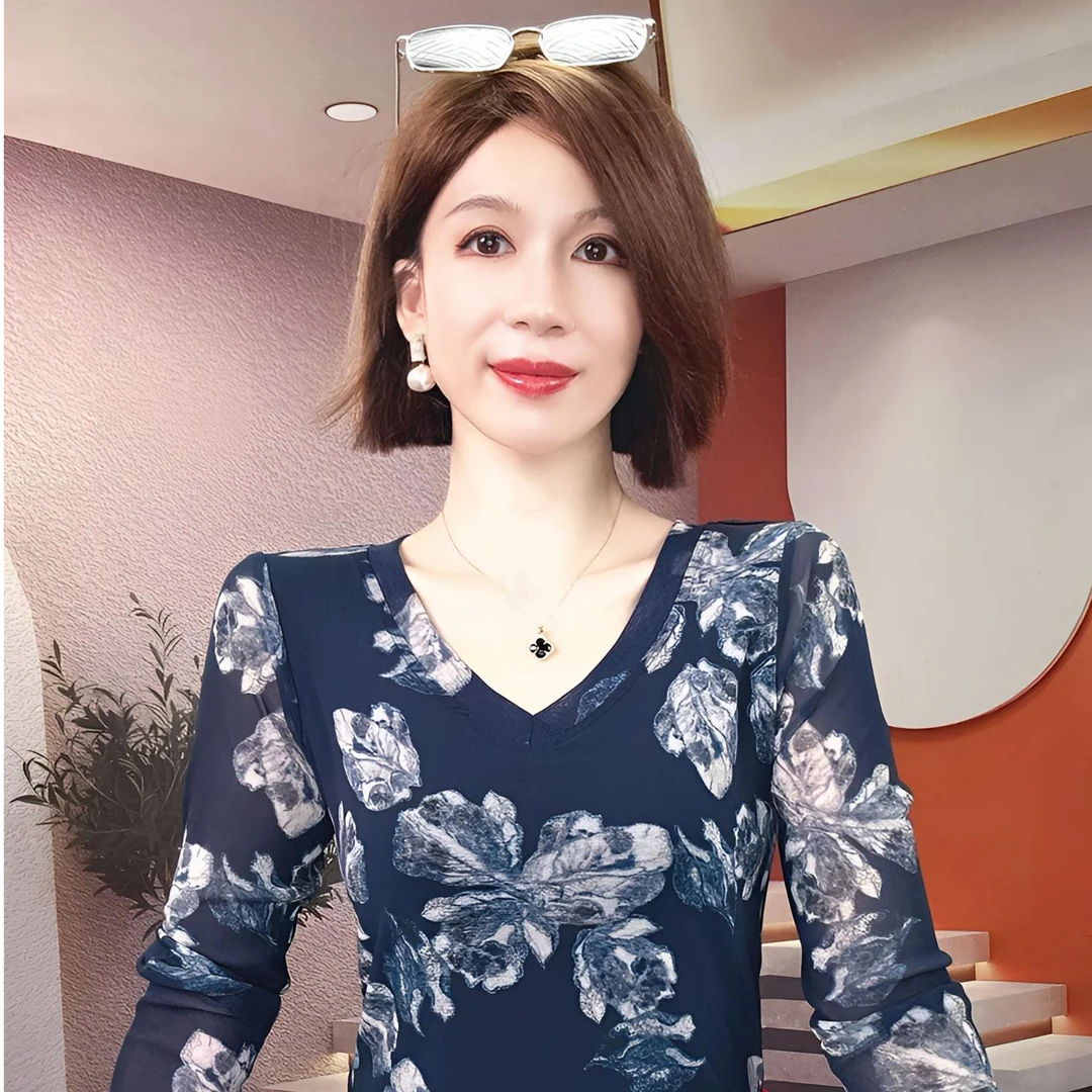 显瘦T恤V领女士长袖印花时尚植物花卉常规内搭纱网2025春秋季新款
