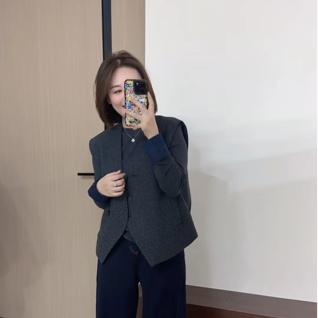 【汐汐女装二店】小个子定制V领百搭复古格纹西装马甲 MJ8190