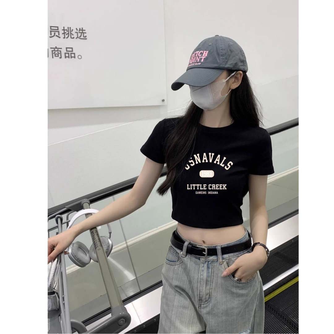 高腰漏肚脐短款上衣女夏季ins小个子黑色露肚体恤修身正肩短袖t恤