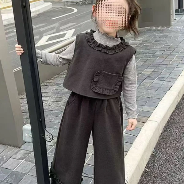 灰色三件套  女童春秋套装2025儿童时髦童装小女孩春装马甲三件套