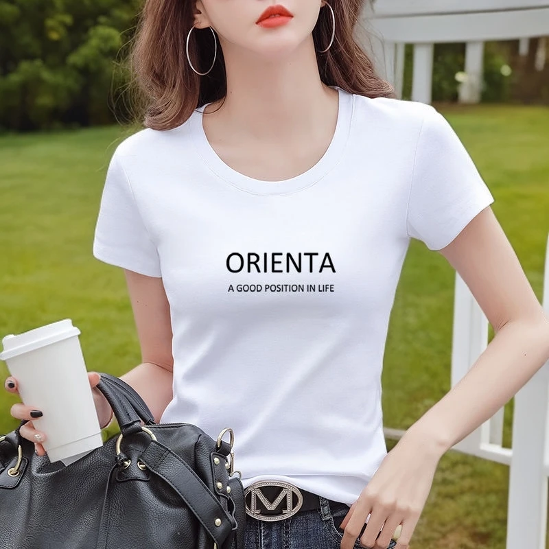 白色短袖t恤女修身韩版夏季新款印花百搭紧身上衣时尚薄款体恤女