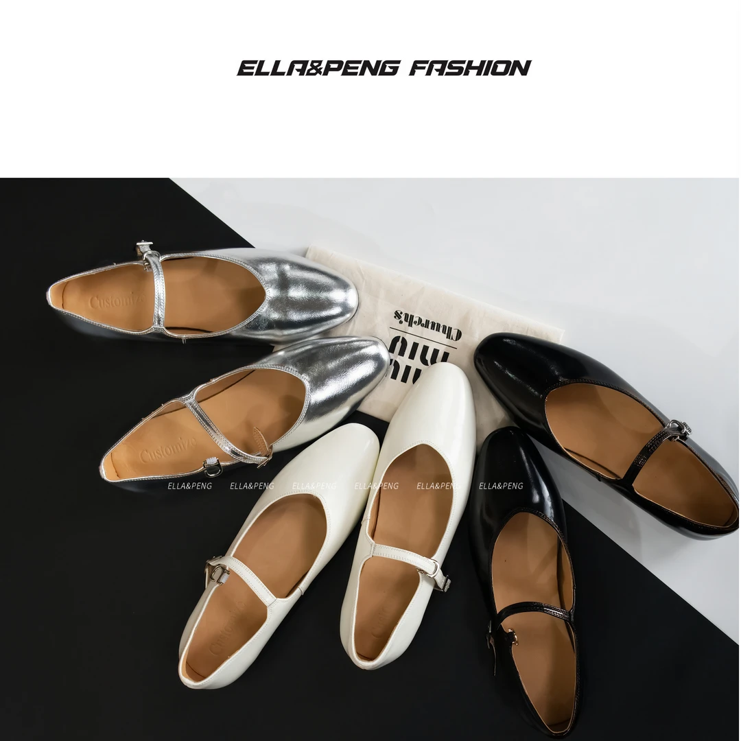 E/P‘STUDIO-3cm/法式复古玛丽珍新款浅口一字扣带单鞋小圆头真皮