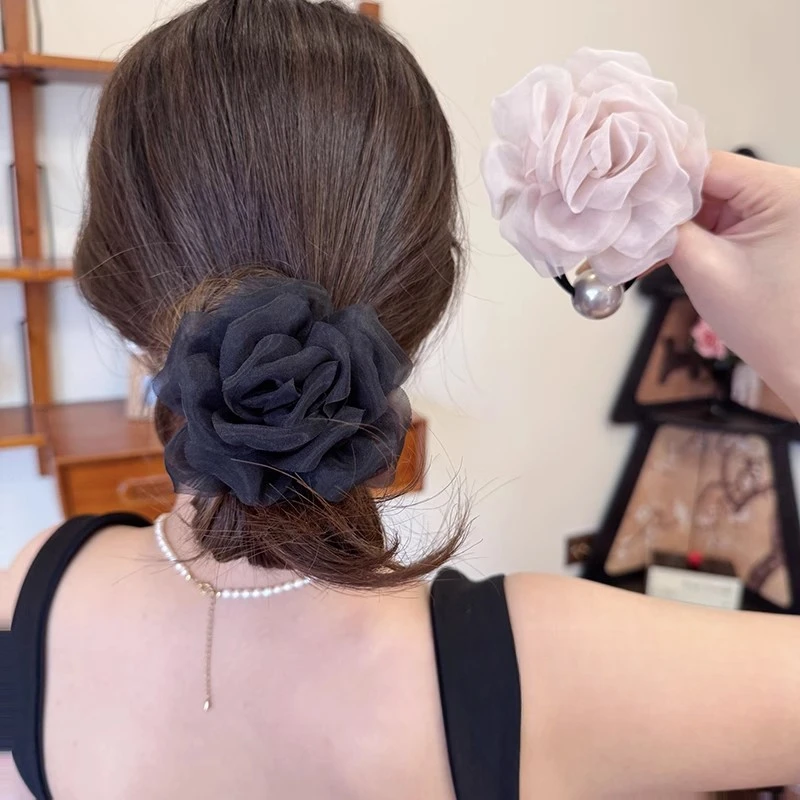 法式超仙玫瑰花发绳女夏季低丸子头橡皮筋头花气质扎头发头绳发圈