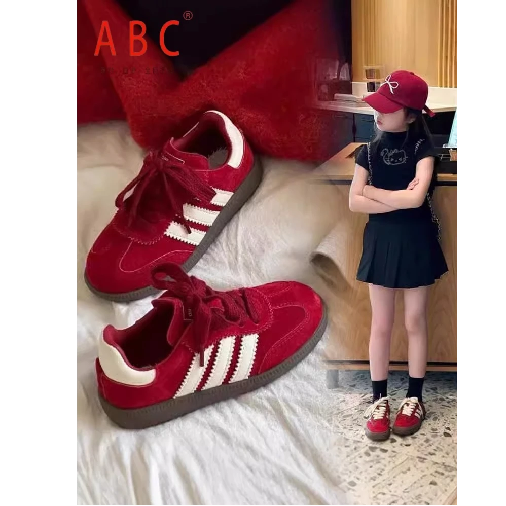 ABC 女童德训鞋复古风2025年春季百搭儿童板鞋红色男童运动阿甘鞋