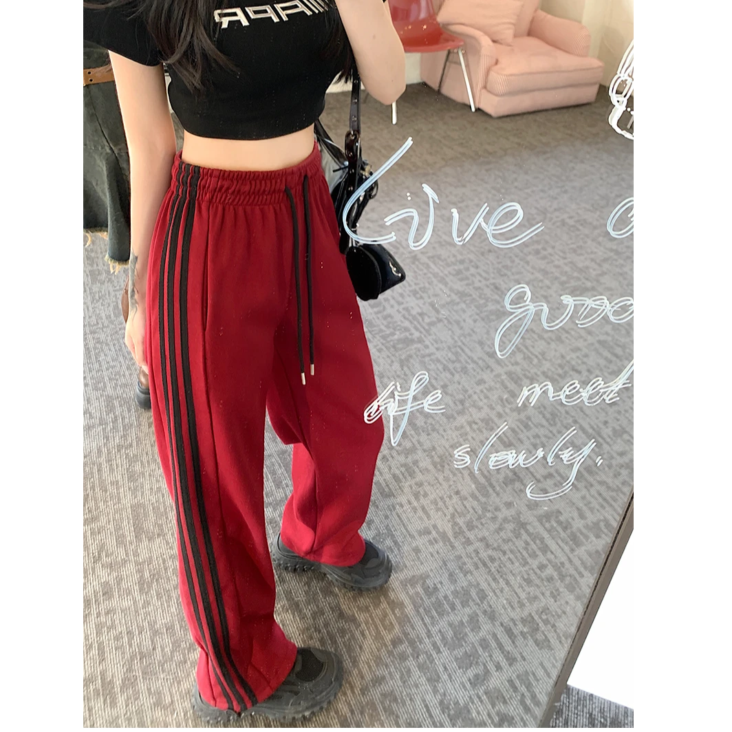 美式新款三条杠运动束脚裤女春秋宽松显瘦直筒休闲裤小个子阔腿裤