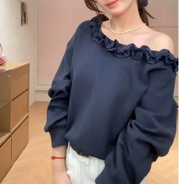 春季新款重工设计感甜美洋气领口花边带发圈显瘦减龄百搭卫衣-G