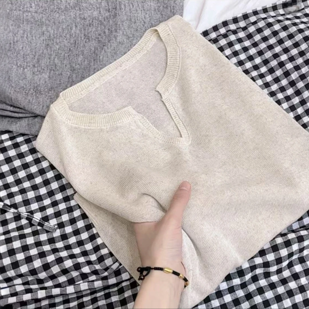 【专属】花米色~苎麻小U领休闲百搭韩范短袖针织女夏季上衣