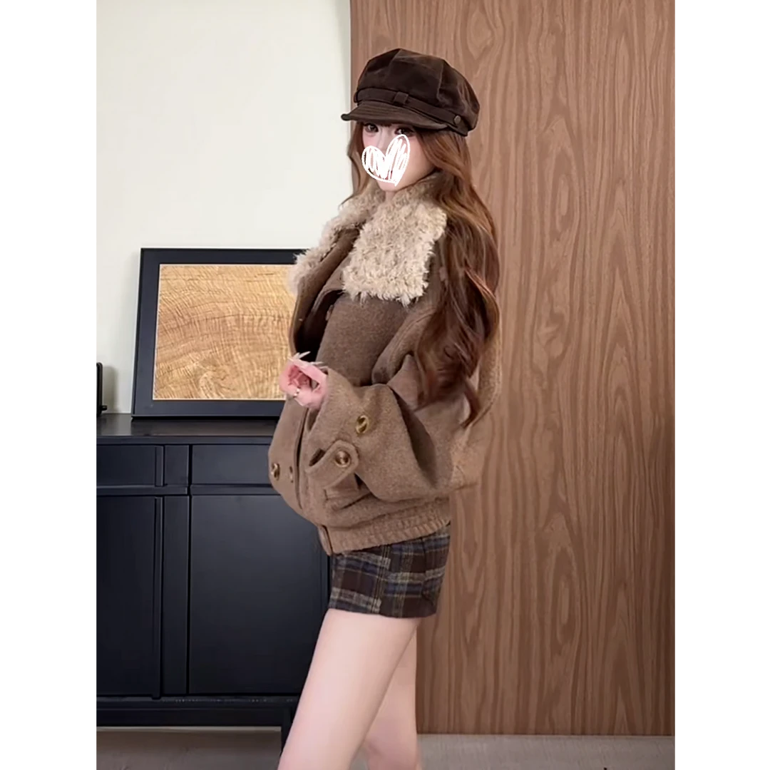 立领不对称毛领双排扣毛呢外套女宽松短款风衣3295