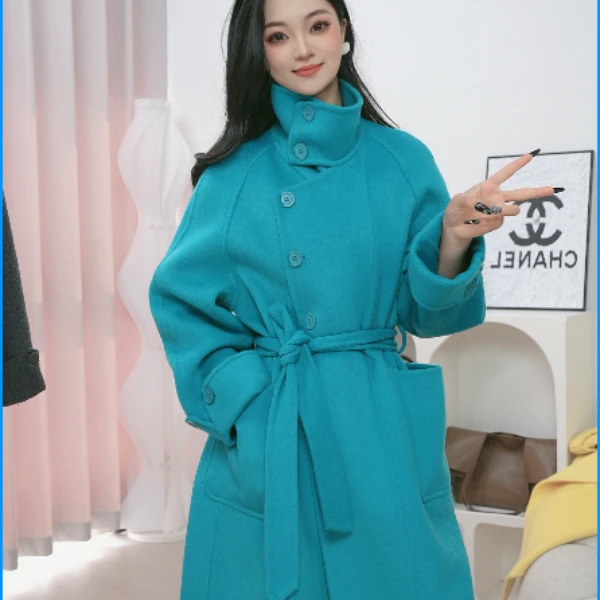 【慵懒时光】早春新款不规则饼干扣双面羊毛大衣立领气质#2650