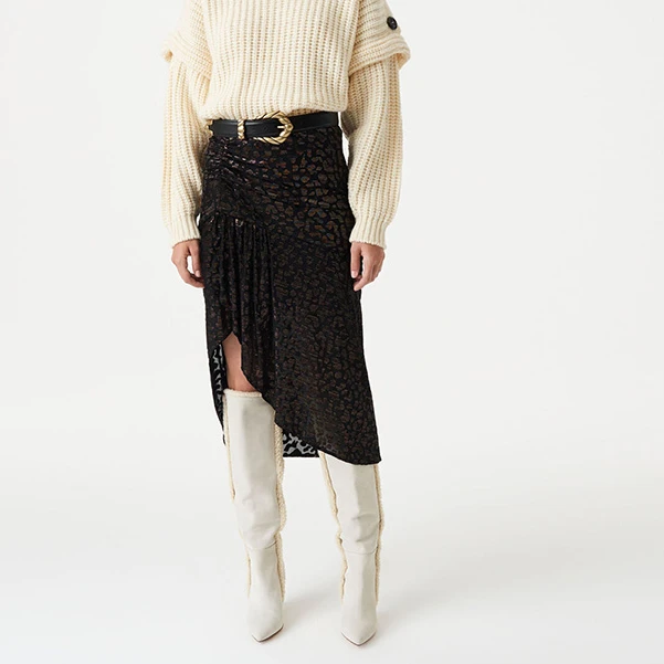 IRO Night法国轻奢高腰垂坠感褶皱不规则开叉半身裙