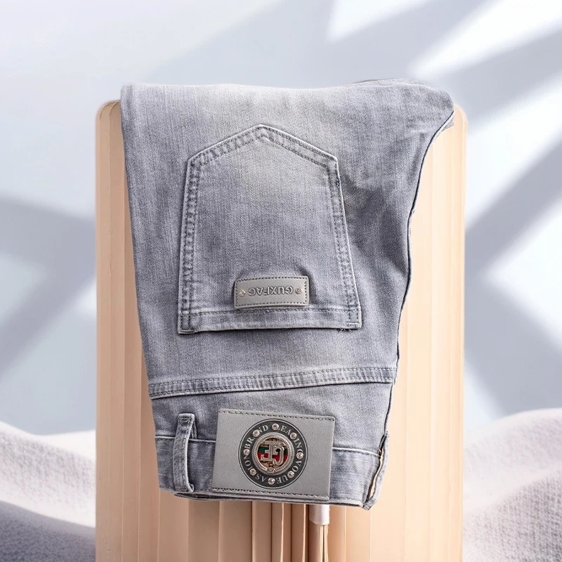 宾斯洛特新款春夏时尚男士牛仔裤时尚修身小直九分复古浅色男裤